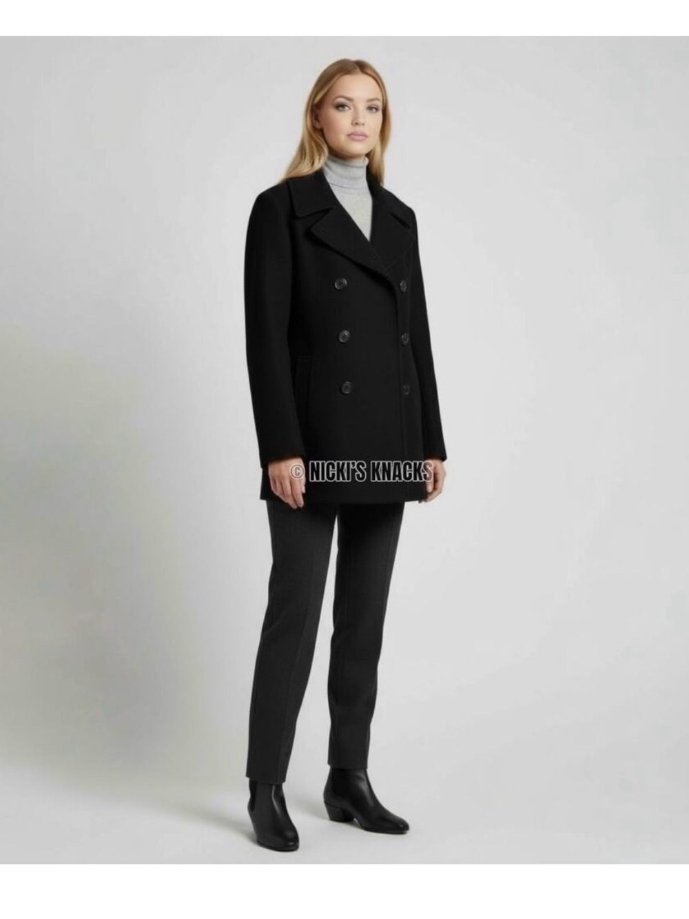 Calvin Klein Black Wool Cashmere Blend Double Breasted Peacoat Women’s Size L